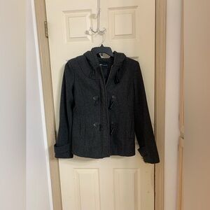 Net Collection Women's Stylish Pea Coat Jacket Hood Pockets Gray Wool Size 8